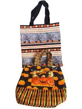 Halloween Reversible Quilted Tote Bag Pumpkins Black Cat Patterns Handmade